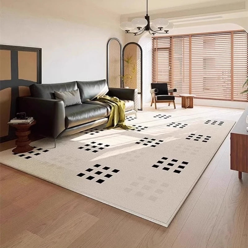 Tapis chambre blanc à motif géométrique noir