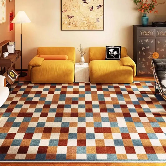 Tapis salon vintage à carreaux doux