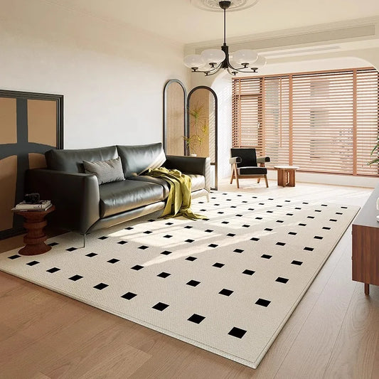 Tapis salon blanc à carrés noir design moderne